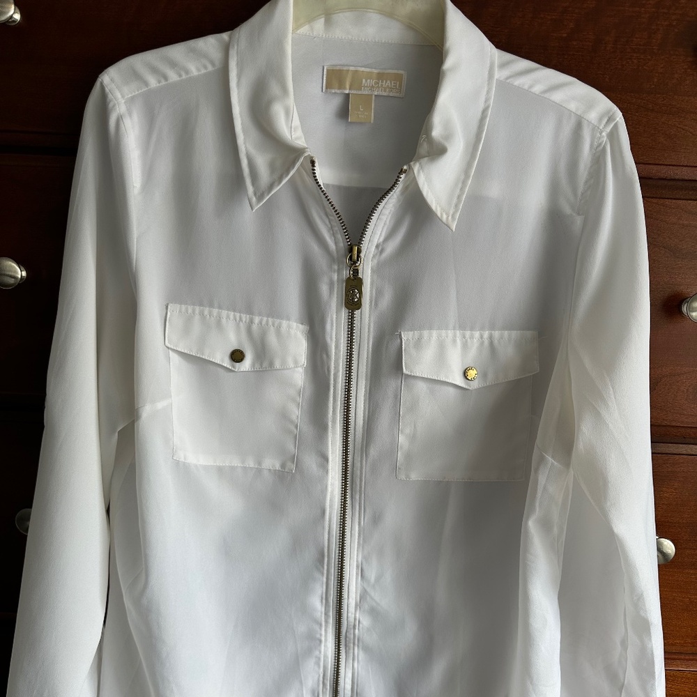 Michael Michael Kors Solid White, Zip-Front Blouse - image 1